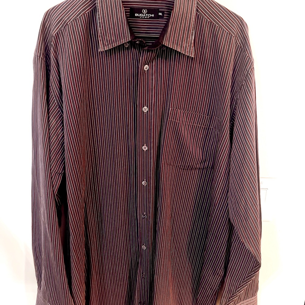 Bugatchi Uomo Shaped Fit Shirt Mens XXL Blue- Burgundy Striped Button Up